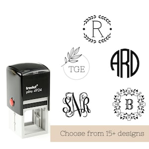 May include: A black self-inking stamp with the text "trodat printy 4924" on the side. The stamp is next to a white background with six different monogram designs. The designs include a wreath with the letter "R", a circle with the letters "TGE", a circle with the letters "ARD", a monogram with the letters "SNR", a wreath with the letter "B", and the text "Choose from 15+ designs".