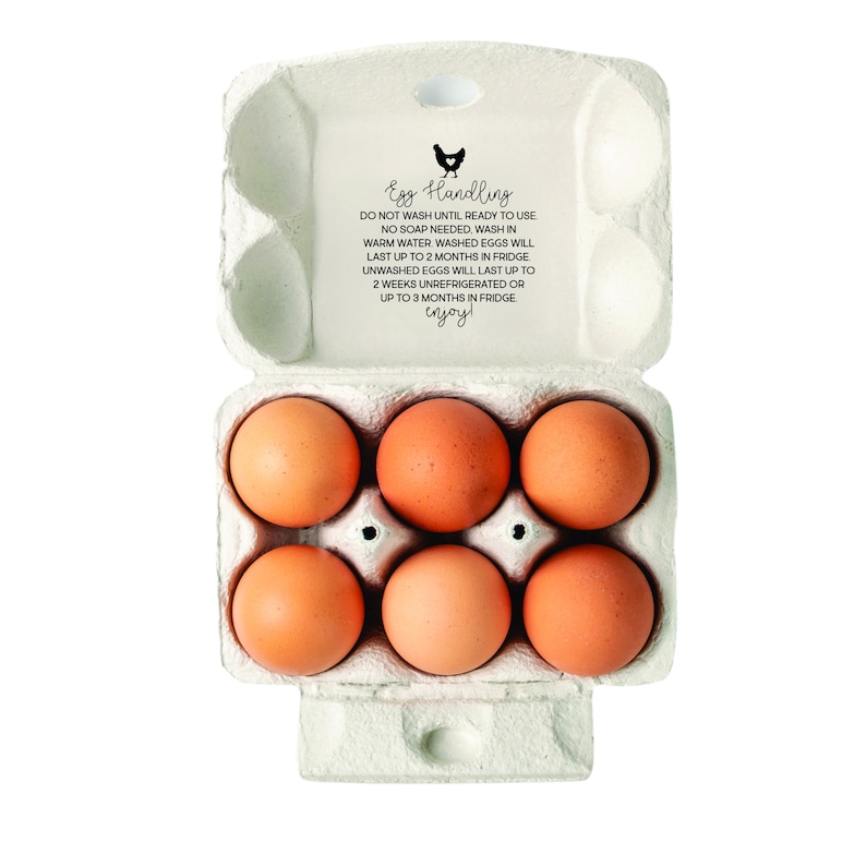 May include: A carton of six brown eggs in a white cardboard egg carton. The carton has a label that reads "Egg Handling" with instructions on how to store and wash the eggs.