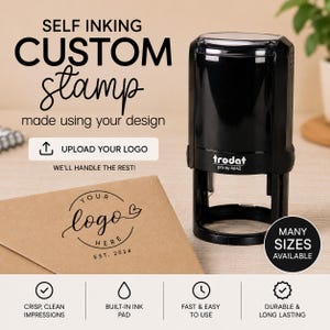 May include: A black Trodat Printy 4642 self-inking custom stamp. The image features text reading SELF INKING CUSTOM STAMP, UPLOAD YOUR LOGO, WE'LL HANDLE THE REST, and MANY SIZES AVAILABLE. A sample logo is stamped on a brown envelope.