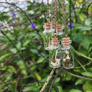 May include: Several small glass bottles with cork stoppers hang from bronze chains. Each bottle contains green moss and small, white bone-like objects. The background is a blurred view of green foliage and purple flowers.