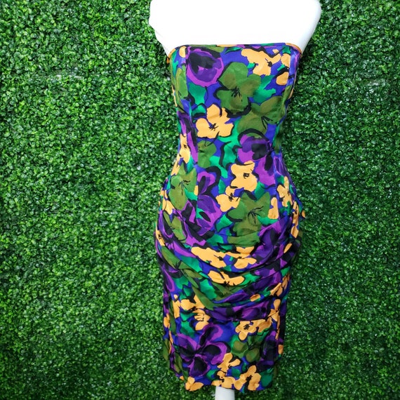Vintage 1980s Flora Kung Silk Strapless Floral Dre