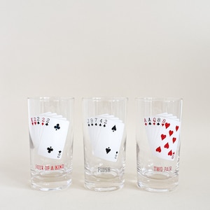 Vintage, Verres poker, Cartes à jouer, Ensemble de 3, Joueur de cartes, Flush, Four of a kind, Two pair, Blanc Rouge, Bar, Jeu de cartes