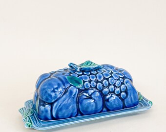 Inarco Indigo Blue Ceramic Butter Dish, Vintage, Half Pound of Butter, Blue Fruit Pattern, Original, Gift Idea, Gift Craft, Kitsch