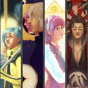 May include: A digital illustration of seven people, each with a unique style and expression. The characters are depicted in a colorful and stylized manner, with a variety of backgrounds and details.