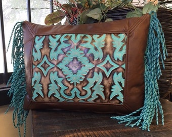 Laredo Turquoise Brown Leather Pillow
