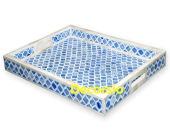 Handmade Blue Bone Inlay Tray: Moroccan Decor Serving Tray