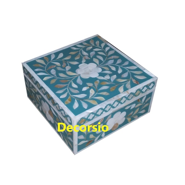 Handmade Mother of Pearl Inlay Floral Turquoise Square Box / Gift Box/ Decorative Box / Storage Box/ Jewelry Box