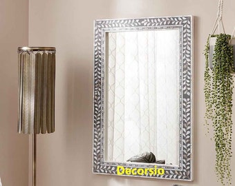Handmade Grey Mother of Pearl Inlay Mirror Frame: Leaf Pattern Wall Decor
