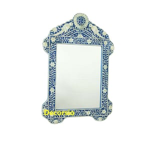 Handmade Bone Inlay Blue Floral Mirror Frame (36x24 inches)