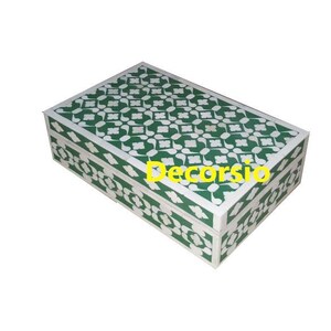 Handmade Bone Inlay Box: Green Geometric Pattern Decorative Box
