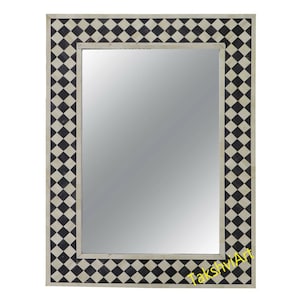 Handmade Black Bone Inlay Mirror Frame: Checks Pattern Art Decor (24x36 inches)