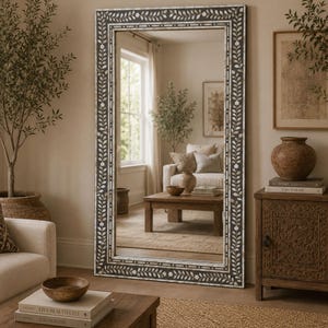 Handmade Mother of Pearl Inlay Grey Floral Leaf Pattern Wall Mirror, Home Decor Accent