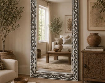 Handmade Mother of Pearl Inlay Grey Floral Leaf Pattern Wall Mirror, Home Decor Accent