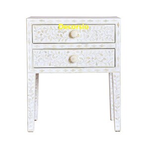 Handmade White Bone Inlay Floral Pattern Bedside Table / Nightstand Table /Bedroom Furniture/ Side Table/ Storage