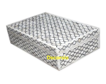 Handmade Bone Inlay Jewelry Box: Black Geometric Pattern Storage