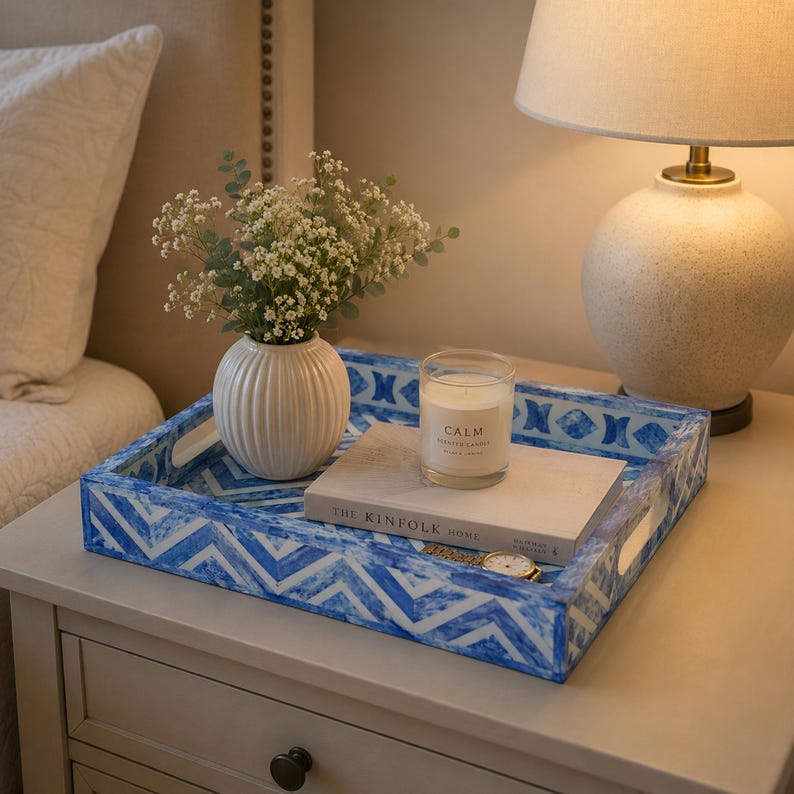 blue bone inlay tray, chevron serving tray, geometric tray, blue and white tray, decorative tray, handmade serving tray, coffee table tray, ottoman tray, luxury tray decor, modern vanity tray, artisan inlay tray, chic home decor, resin tray, contemporary serving tray, statement tray, handcrafted decor tray, coastal home decor, boho serving tray, stylish organizer tray, elegant tabletop decor