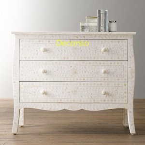 Handmade Bone Inlay White Floral French Chest of 3 Drawers