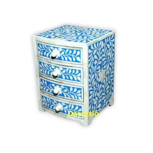 Handmade Bone Inlay Small Blue Floral Chest of 4 Drawers Desk Organization Dresser Organizer