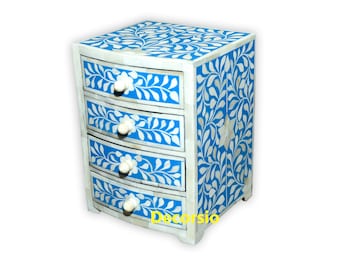 Handmade Bone Inlay Small Blue Floral Chest of 4 Drawers/ Desk Organization /Dresser /Organizer