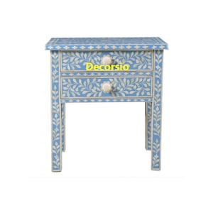 Handmade Blue Bone Inlay Floral Pattern Nightstand / Bedside Table