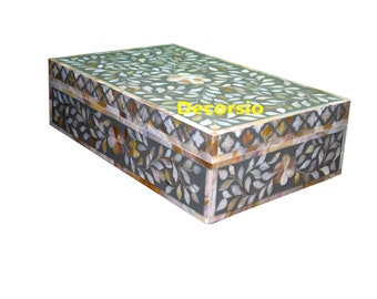 Handmade Mother of Pearl Floral Box: Grey Decorative Jewelry Box