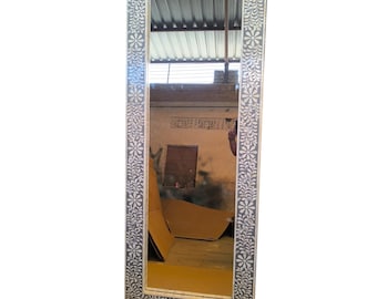 Handmade Bone Inlay Floral Mirror Frame: Grey Leaves Wall Decor