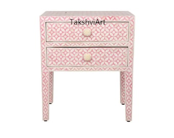 Handmade Pink Bone Inlay Geometric Pattern Bedside Table / Nightstand