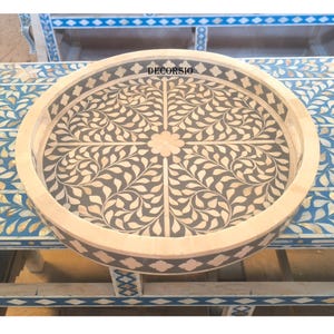 Handmade Bone Inlay Grey Round Tray /Decorative Tray/ Serving Tray/ Tray