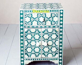Handmade Bone Inlay Green Bedside /Nightstand Table /Bedroom Furniture/ Bedside