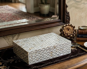 Handmade Mother of Pearl Inlay Decorative Geometric Keepsake Box, Pearl Mosaic Jewelry Organizer