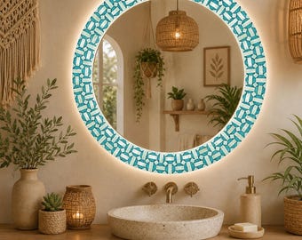 Handmade Bone Inlay Teal Turquoise Mosaic Geometric Round Mirror, Coastal Bohemian Accent Mirror