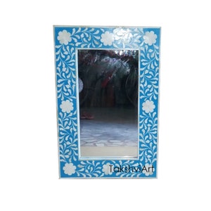 Handmade Bone Inlay Mirror Frame: Blue Floral Wall Decor (24x16 inches)