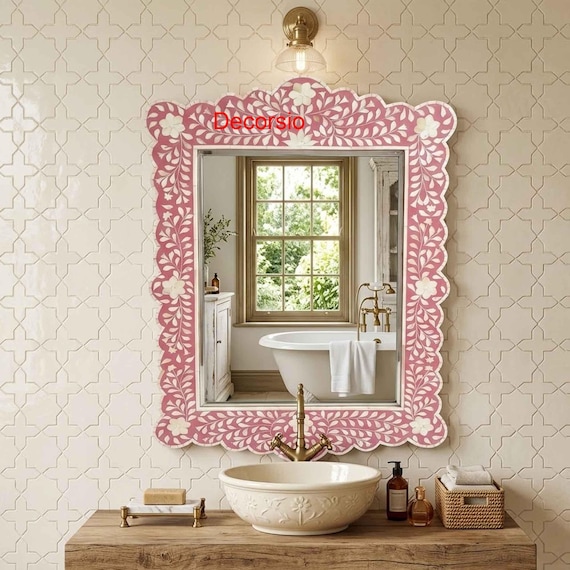 Handmade Bone Inlay Floral Mirror Frame: Pink Art Decor  display picture 2