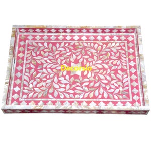 Handmade Mother of Pearl Inlay Floral Pink Tray/ Decorative Tray /Serving Tray
