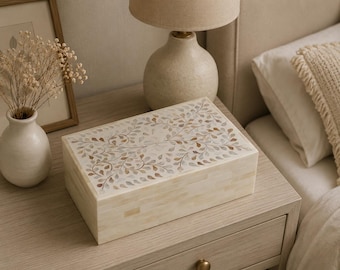 Handmade Mother of Pearl Floral Decorative Box, Neutral Jewelry Organizer