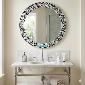 Handmade Black Bone Inlay Floral Round Mirror Hanging Decorative Wall Mirror