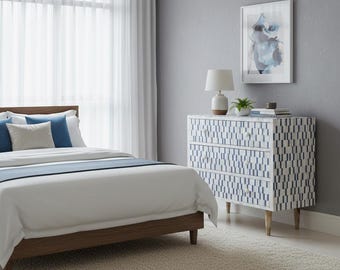 Handmade Mother of Pearl Inlaid Chest of Drawers: Geometric Pattern Cabinet/ storage