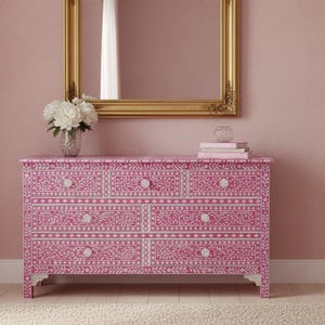 Handmade Pink Mother of Pearl Inlay Floral Pattern 7 Chest of Drawers ...