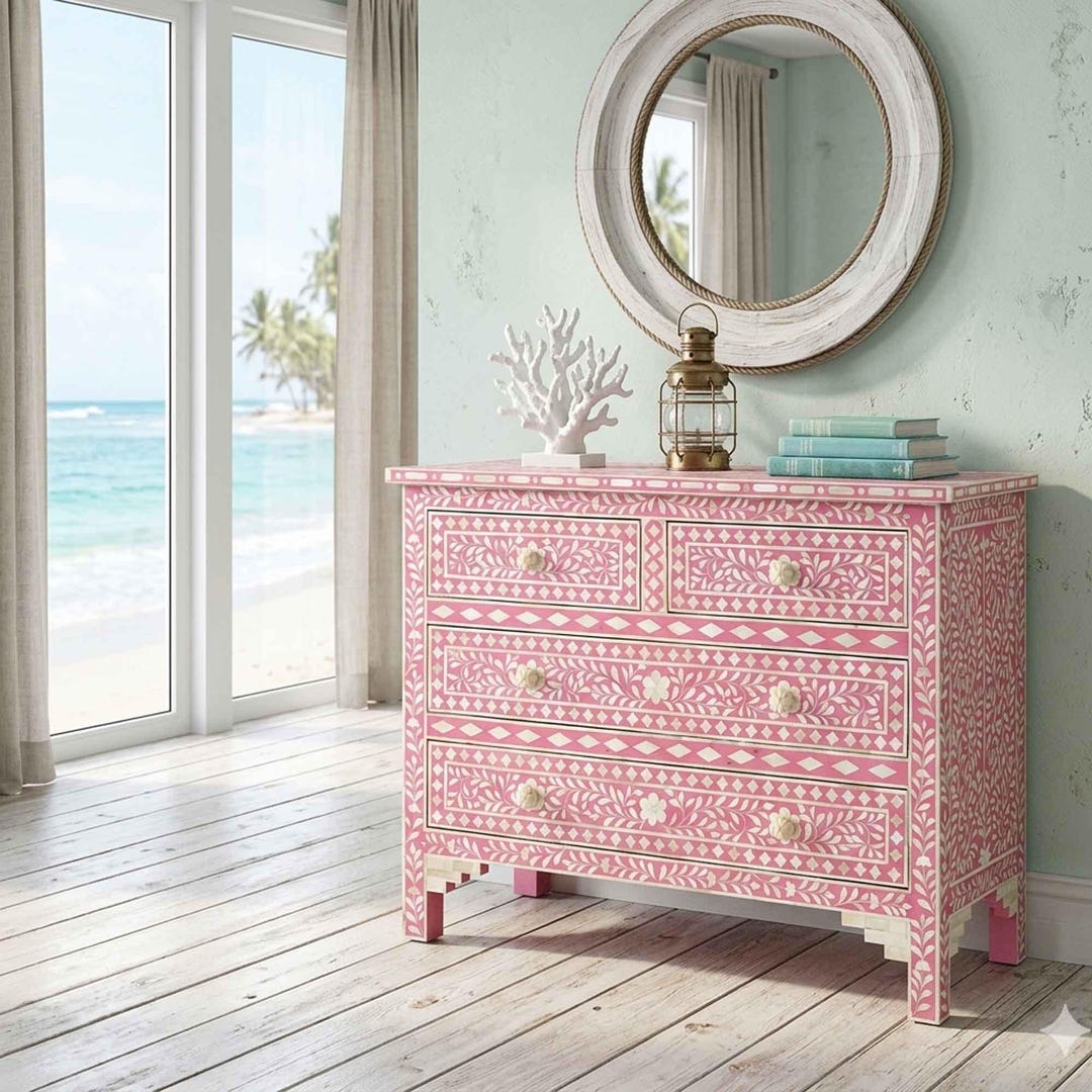 pink bone inlay dresser Handmade Pink Bone Inlay Chest of Drawers: Bohemian Floral Cabinet