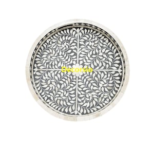 Handmade Bone Inlay Round Floral Grey Tray /Decorative Tray /Serving Tray