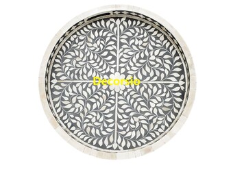 Handmade Bone Inlay Round Tray: Floral Grey Table Decor
