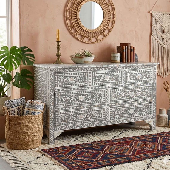 pearl grey dresser Handmade Mother of Inlay Floral 7 Drawer Storage Dresser, Luxury Accent Cabinet 6 drawer
