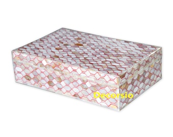 Handmade Pink Mother of Pearl Inlay Box: Geometric Pattern Jewelry Box