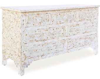 Custom listing White & Mother of Pearl Inlay Floral Pattern Chest of 3 Drawers 2 doors / Storage Cabinet Chest