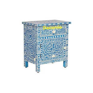 Handmade Blue Bone Inlay Floral Pattern Storage Table /Bedside Table/ Nightstand