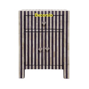 Bone Inlay Handmade Stripes Patterned Bedside Table / Bedroom Bedside/ Bedside Table/ Nightstand
