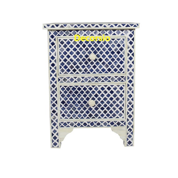 手作りの青い骨象嵌ベッドサイドテーブル：モロッコ模様 - Etsy 日本