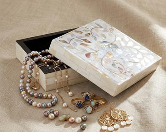 Handmade Mother of Pearl & Bone Inlay Decorative Floral Jewelry Storage Box, Gift Box