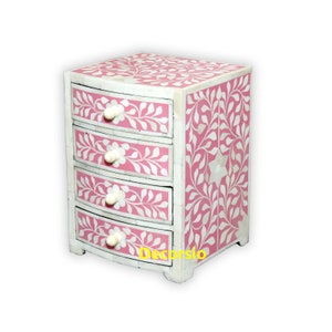 Handmade Bone Inlay Small Pink Floral Chest of 4 Drawers Desk Organization Dresser Organizer