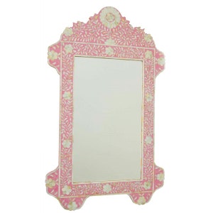 Handmade Bone Inlay Scalloped Mirror Frame - Pink Floral Design